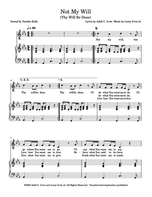 "Not My Will" By Adell C. Irvin (Sheet Music)